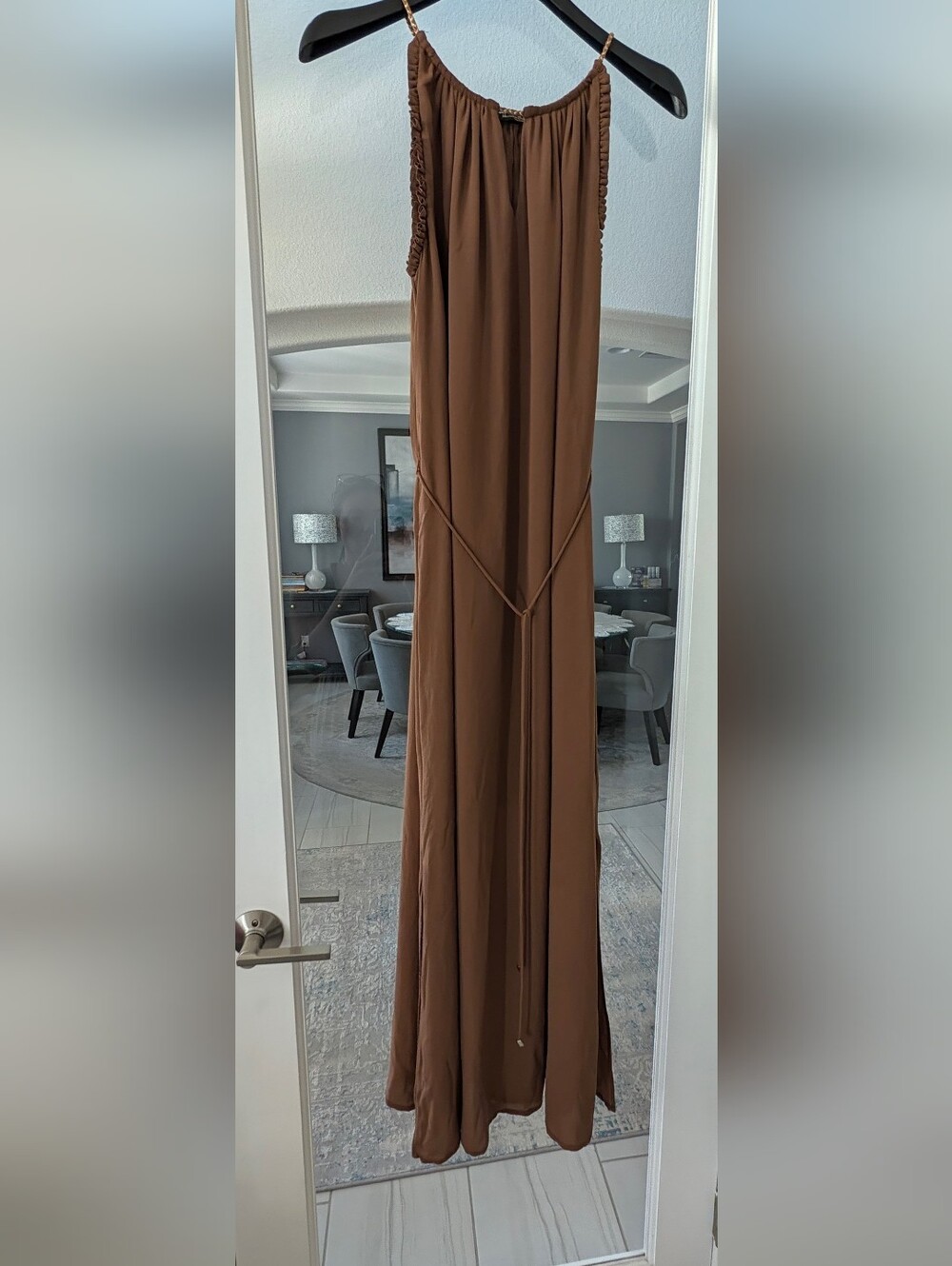 Massimo Dutti Brown Ruffle Halter Maxi Dress Belted EUR 40 US 8